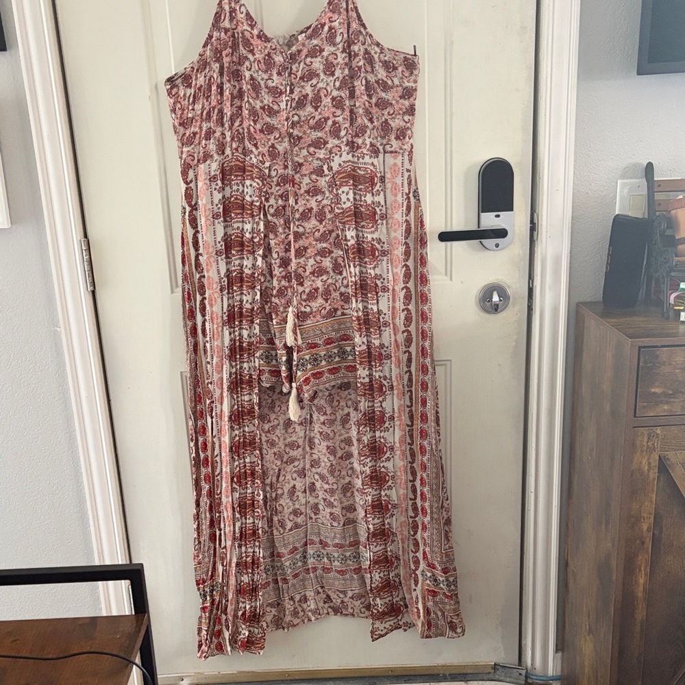 Xhilaration Floral and Stripe Maxi Romper Dress in Red and Cream